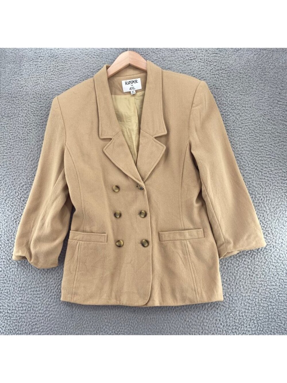 Kasper Blazer Womens 16 Beige Wool Double Breasted Button Up Pockets Office Work